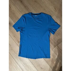 Lululemon Vent Tech Short Sleeve Shirt Mens S Aqua Blue Breathe Repeat Graphic